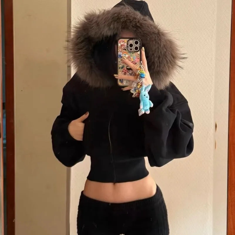 Women’s Black Cropped Zip-Up Hoodie