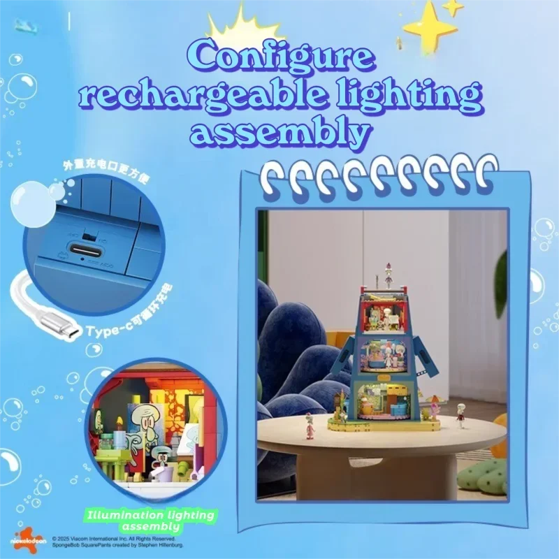 1655PCS SpongeBob SquarePants Squidward Stone Statue House Building Blocks Cartoon Model Bricks Set With Light DIY Toy Fans Gift