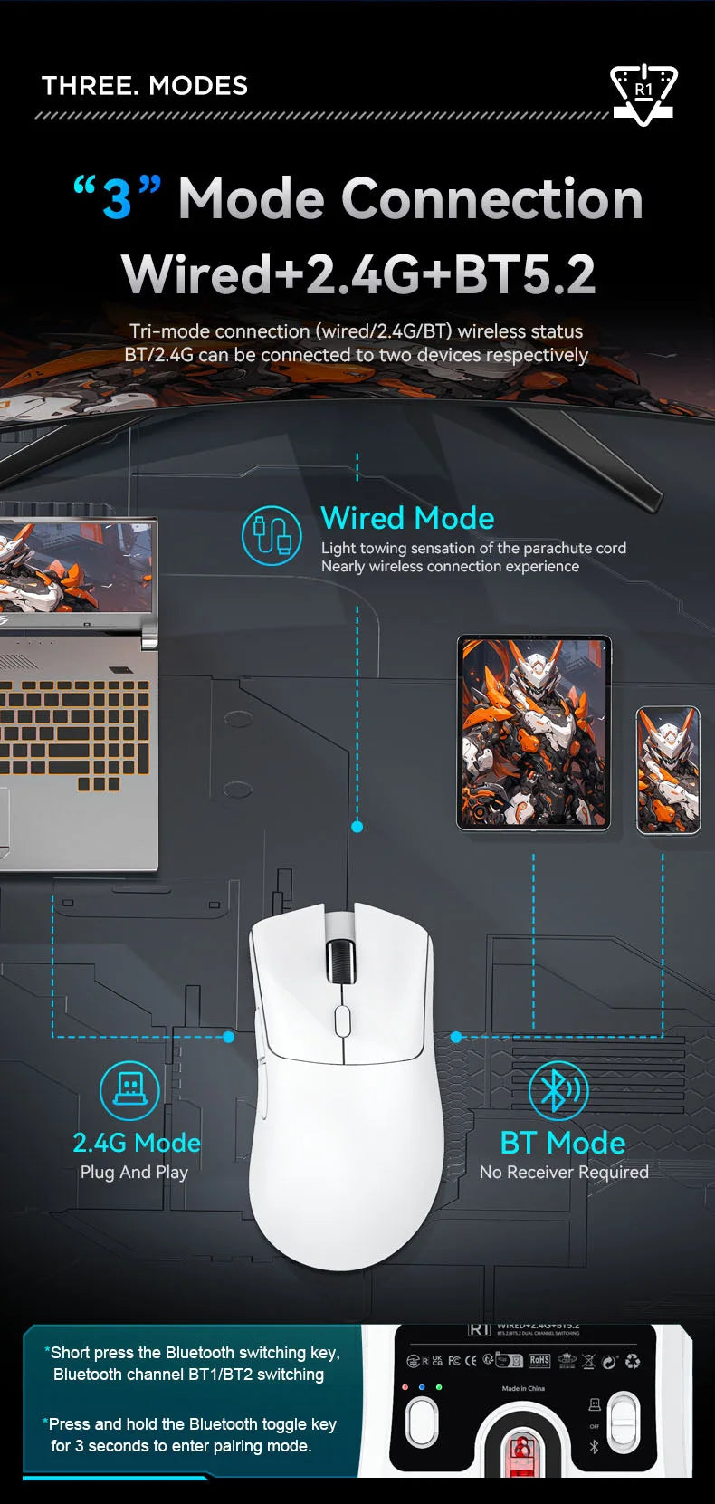 Lightweight ATTACK SHARK R1 Wireless Gaming Mouse Tri Mode 2.4G Bluetooth Wired RGB Ergonomic Programmable Mice For Laptop PC