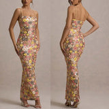 Boho Sequin Floral Maxi Dress – Slim Fit Empire Waist Summer Party Gown