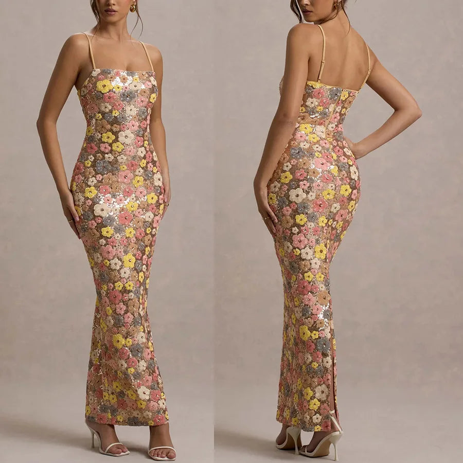 Boho Sequin Floral Maxi Dress – Slim Fit Empire Waist Summer Party Gown