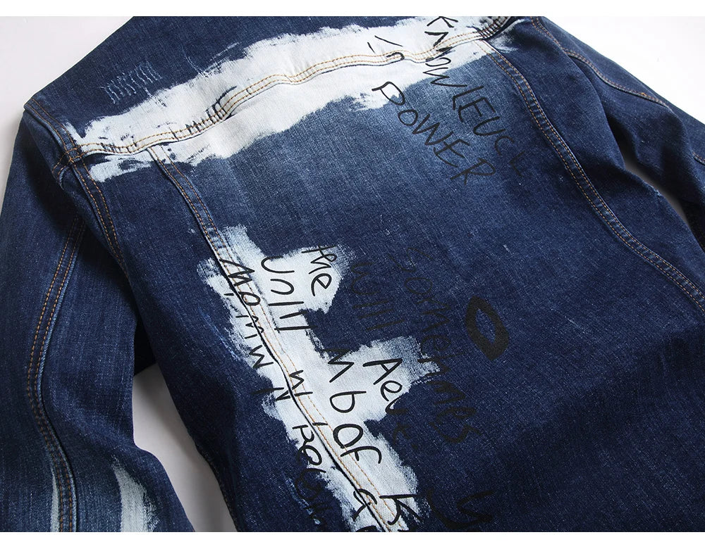 Men Graffiti Denim Jacket Casual Letters Printed Stretch Blue Jean Coat Slim Fit Lapel Collar Long Sleeve Outerwear