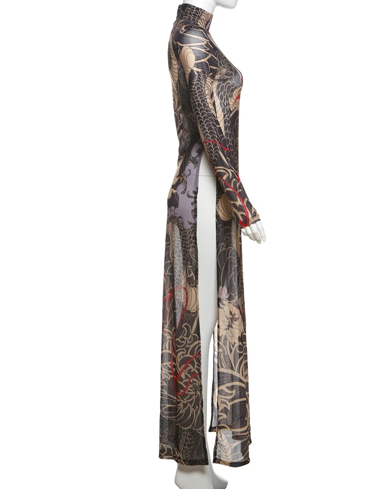 Women's Print Stand Collar Long-Line Slim Dress