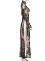 Women's Print Stand Collar Long-Line Slim Dress