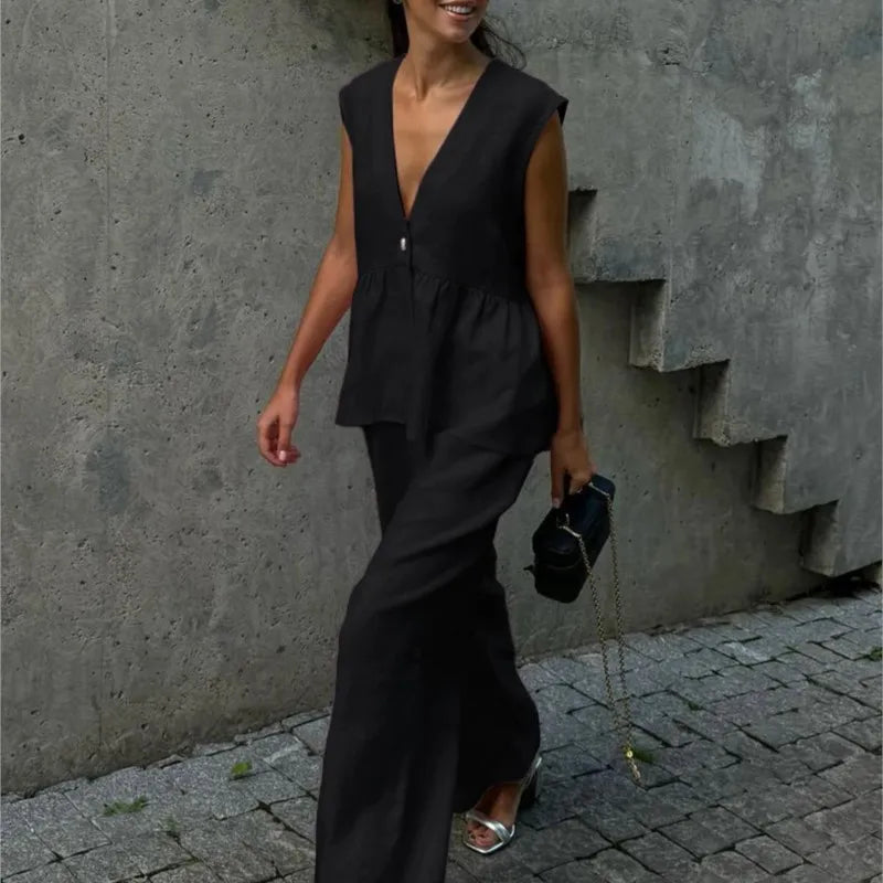 Fashion Women's Trouser Suits Sleeveless V-Neck Top Women Casual Straight Pants Sets Summer Women's Suit Commuter 2 Piece Set