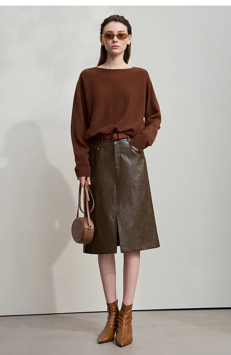 AMII Minimalist PU Leather Skirt for Women