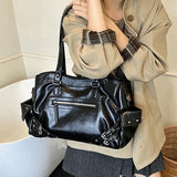 New Large Capacity PU Leather Tote Bag Y2K Style Zipper Closure Shoulder Bag Soft Interior Handbag Women Fashion