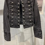 Spring Autumn Vintage Blue Slim Short Jeans Jacket Women Stand Collar Multi-breasted Design Long Sleeve Denim Jacket  Streetwear