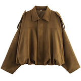 HXAO Women's Bomber Jacket Lapel Long Sleeve Zipper Suede Jacket Women 2025 High Street Cropped Racing Jackets Coats Outerwears