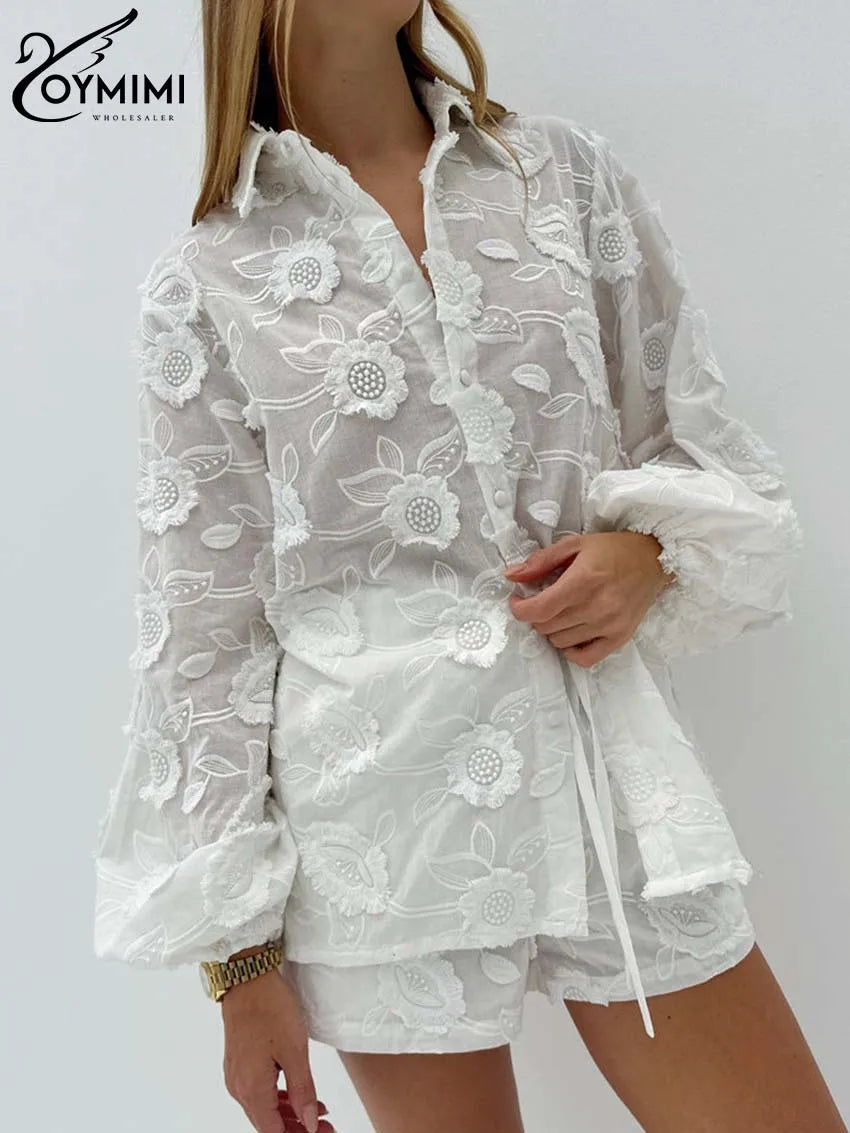 Oymimi Summer White Cotton 2 Piece Sets Women Outfit Casual Jacquard Button Wrist Sleeve Shirts And High Waist Shorts Female Set