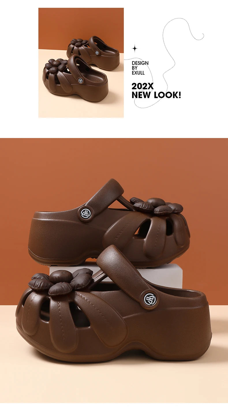 Women's Platform Clog Sandals with Flower Decor — EVA Wedge Beach Shoes