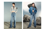 TOYOUTH Women Denim Jeans 2025 Autumn New Lycra Stretch Washed Wide Leg Straight Long Pants