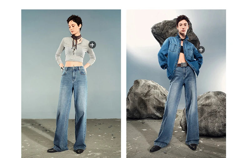 TOYOUTH Women Denim Jeans 2025 Autumn New Lycra Stretch Washed Wide Leg Straight Long Pants
