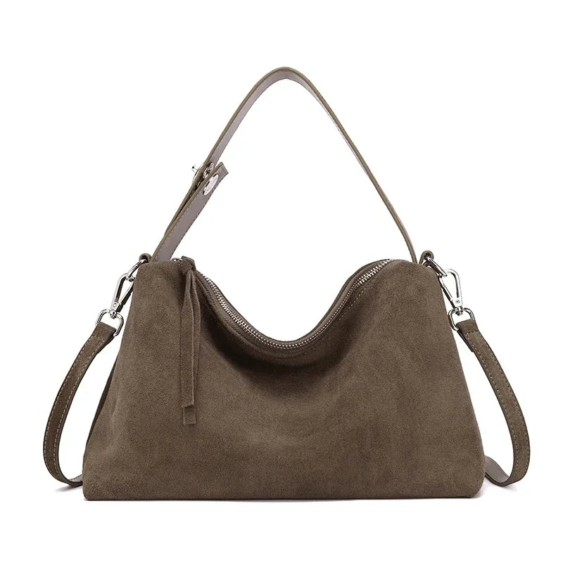 Russian Women's Genuine Suede Cowhide Leather Shoulder Bag Retro Frosted Cow Large Capacity Versatile Commuting Luxury Designer