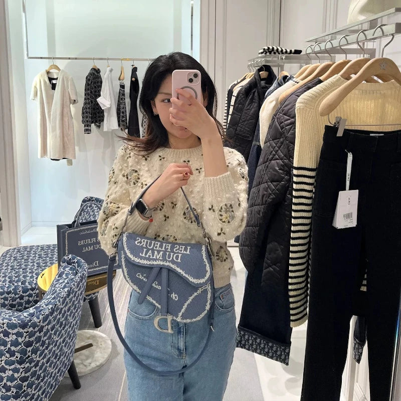 Luxury Designer Saddle Bag for Women Blue and White Book Cover Embroidery Shoulder Bag Fashion Exquisite High End Crossbody Bag