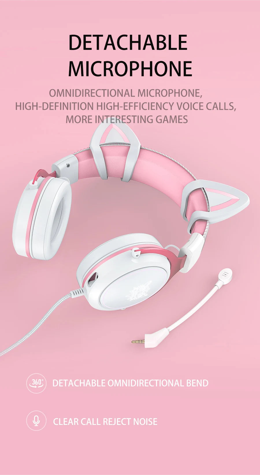 ONIKUMA X10 Gaming Headphones with Detachable Cute Cat Ear RBG Lighting Gaming Headset Gamer Earphone with HD Mic for PC Gaming