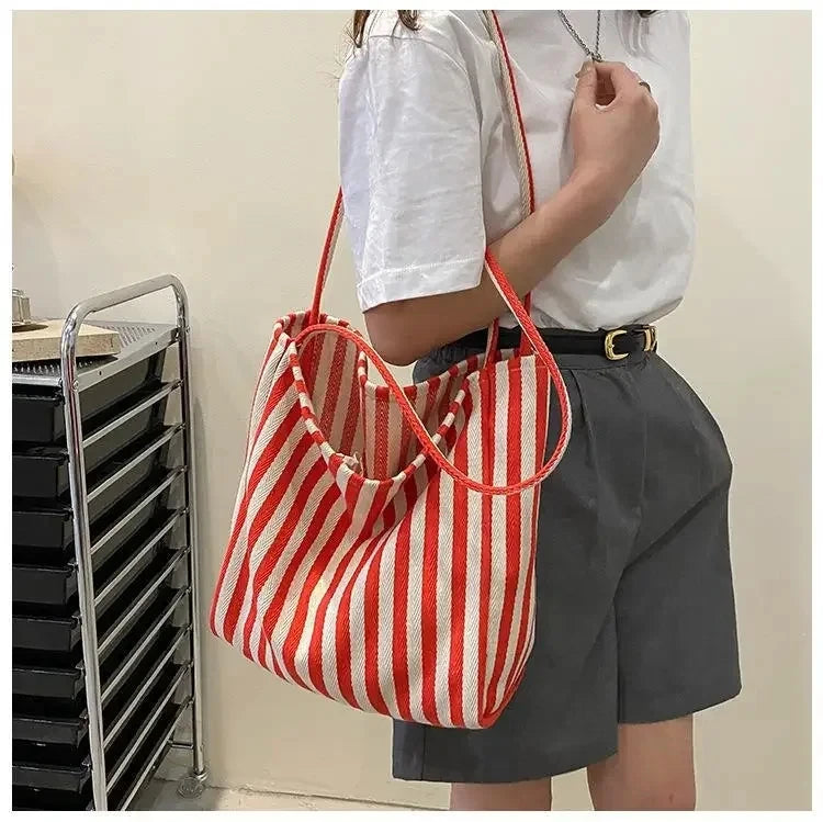 Female Casual Multifunctional Travel Top-handle Handbag Large Capacity Canvas Women Shopper Tote Simple Striped Shoulder Bag2025