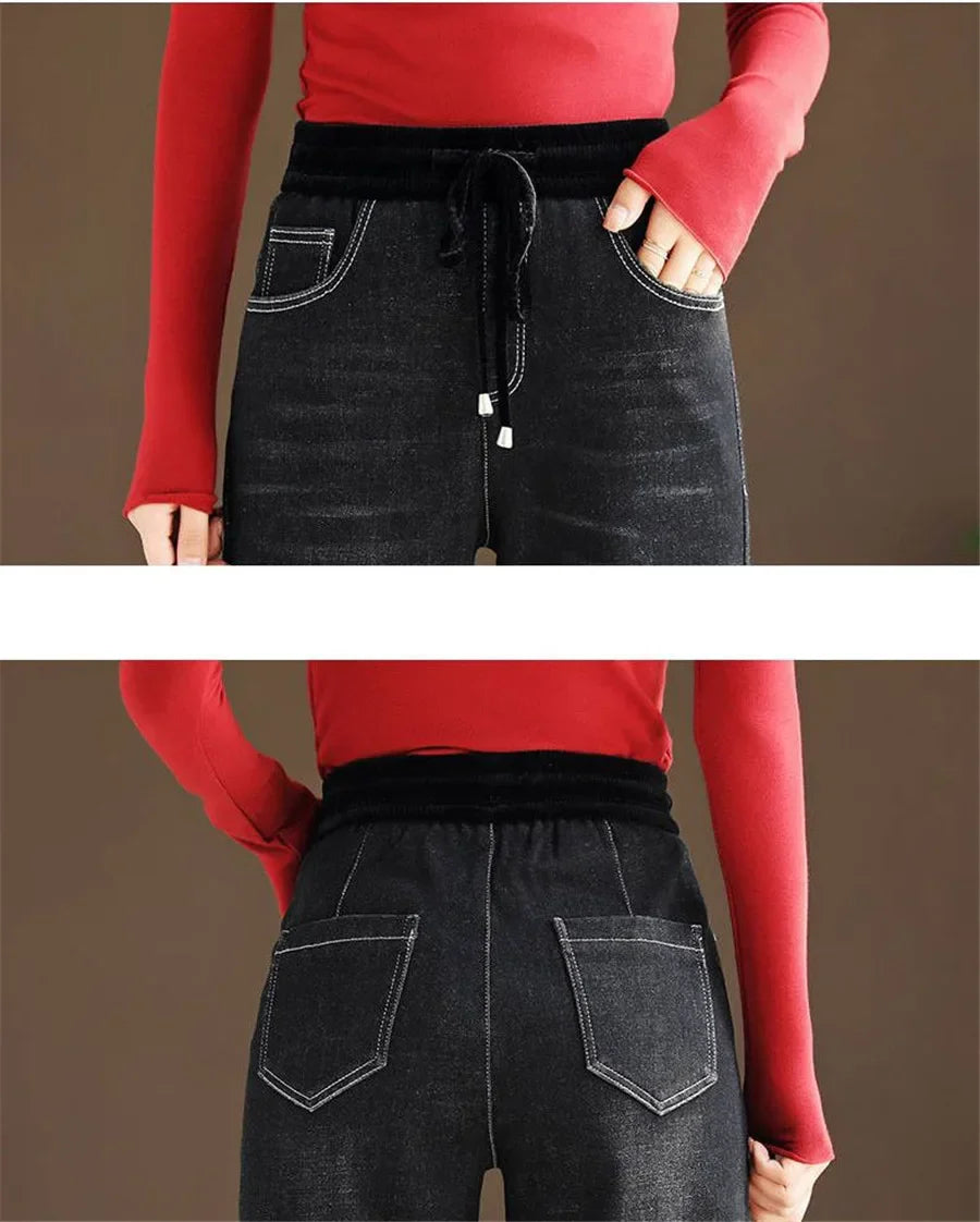 Winter Wide Leg Denim Pants Women Thicken Plush Velvet Lined High Waist Jeans Lace Up Warm Baggy Straight Vaqueros Pantalones