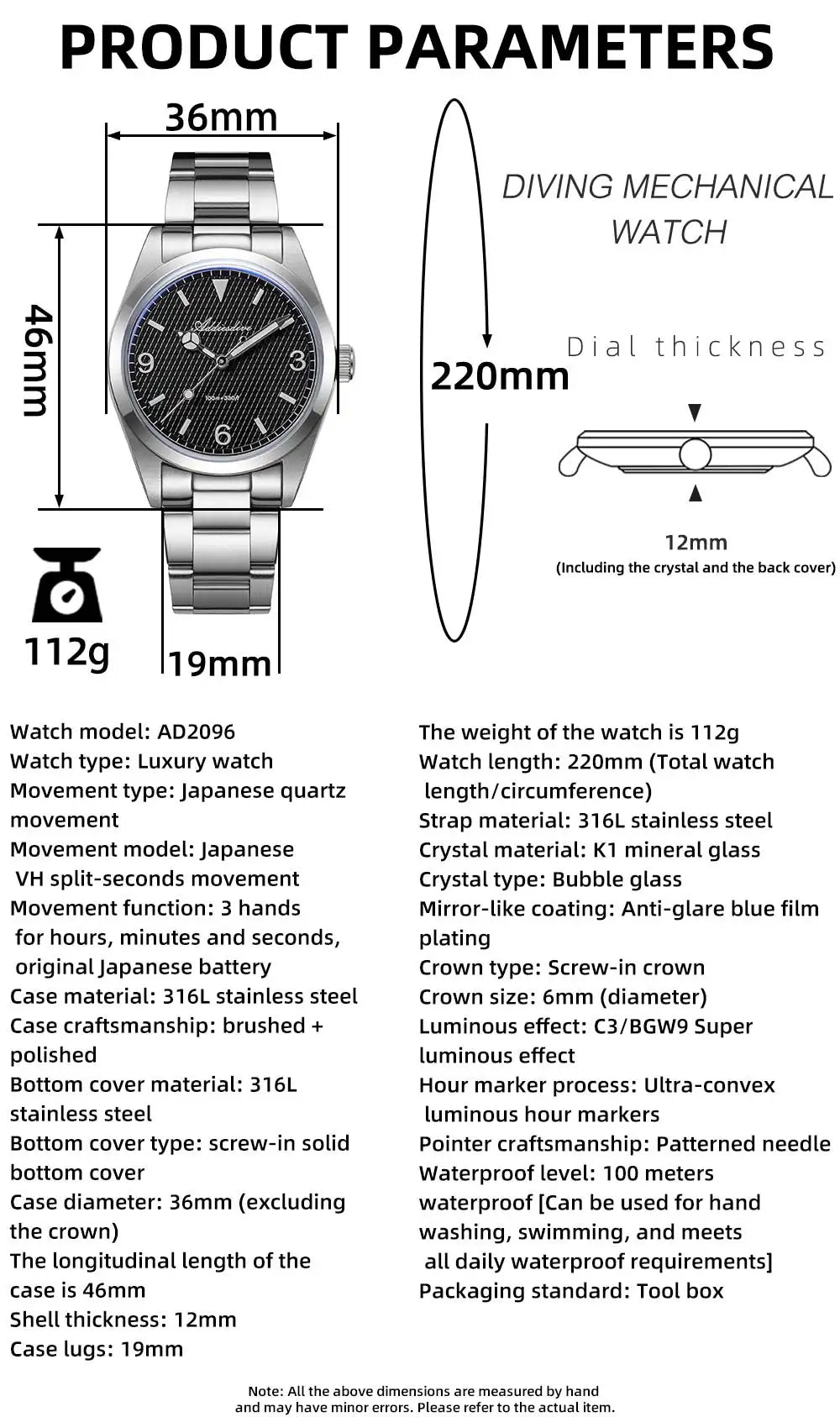 ADDIESDIVE 36mm Men Watch Luxury 200m Waterproof Super Luminous Bubble Glass Stainless Steel Wrist Watch Quartz Watches For Men