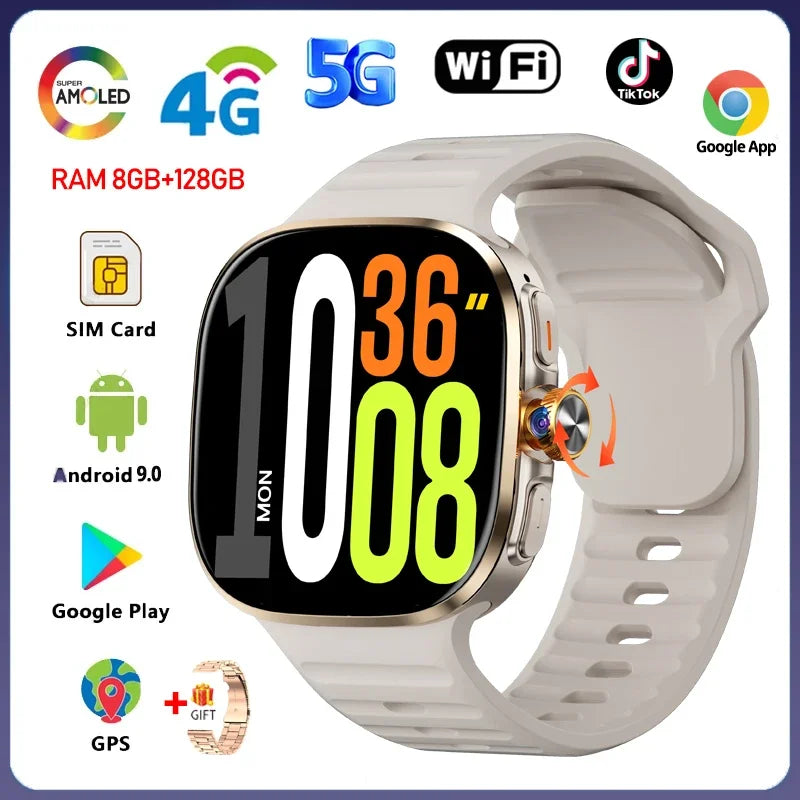 8GB+128GB RAM 4G/3G Smart Watch 2.40 inch AMOLED 2100mah Battery 900W Camera GPS WIFI Google APPS Download Smartwatch Android 10
