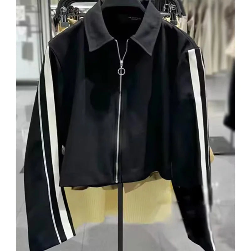 2024 New Women Casual Black Trousers Suits Sports Short Jacket + Female Vinatge Black White Patchwork Baggy Pants Street