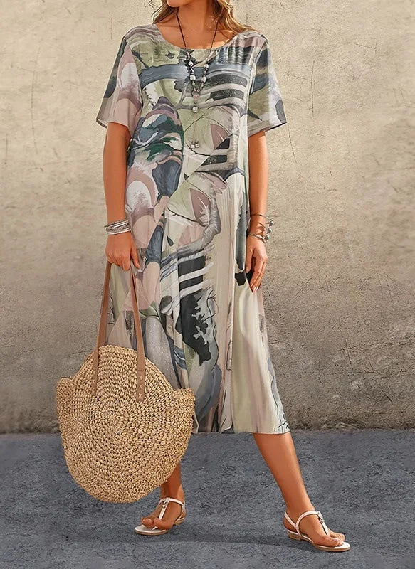 Plus Size Women's Summer Print Dress – Loose Fit Round Neck Casual Short Sleeve Midi