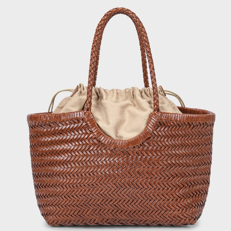 Luxury Designer Genuine Leather Cowhide Hand-woven Tote Bag High Quality Vintage Women's  Vacation Travel Beach Shoulder Bag