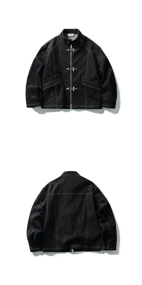 American Vintage Denim Jacket Men Stand Collar Cotton Spring Metal Button Splicing Regular Fit Streetwear Trendy Casual Outwear