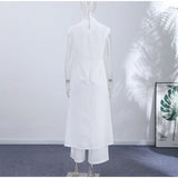 Women Pant Set Stand Collar Lace Sheer Sleeveless Split Front Top Wide Leg Solid Pant Casual Elegant Two Piece Set For Ladies