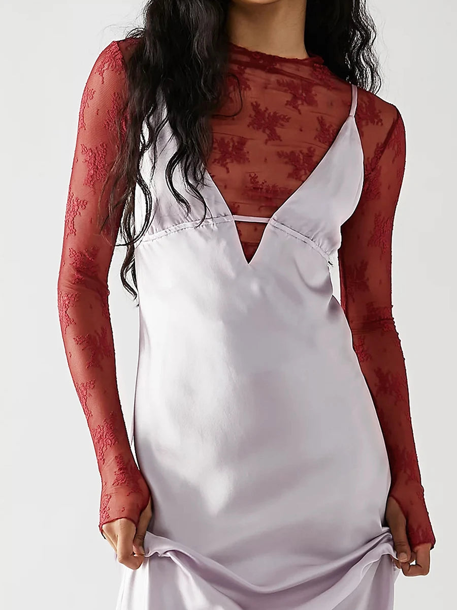 Floral Lace Sheer Mesh Long Sleeve Top