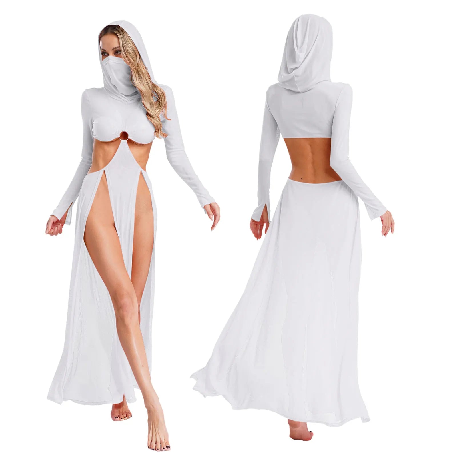 Women’s Hooded Mask Sheer Maxi Dress