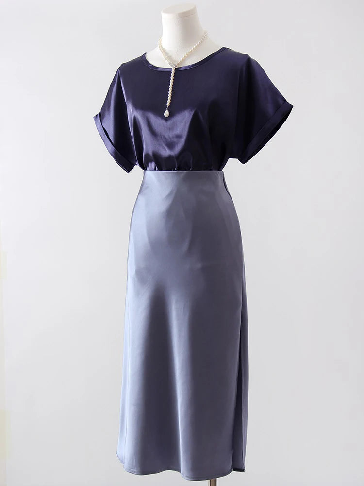 Women's Satin Midi Skirt – Elegant A-Line with Slit