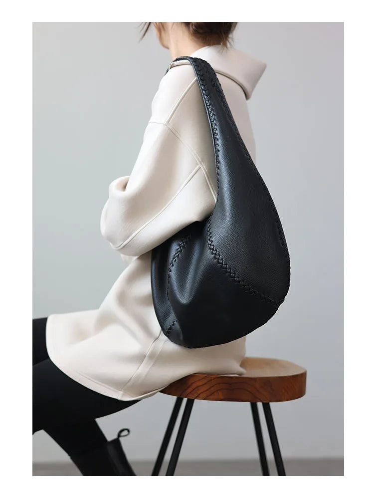 JAZZQ Soft Cowhide Leather Hobo Tote | Hand-Woven Detail