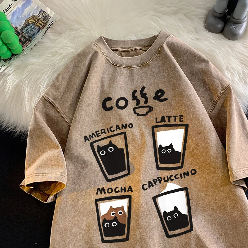 Retro Cat Graphic Cotton Tee – Unisex Harajuku Style