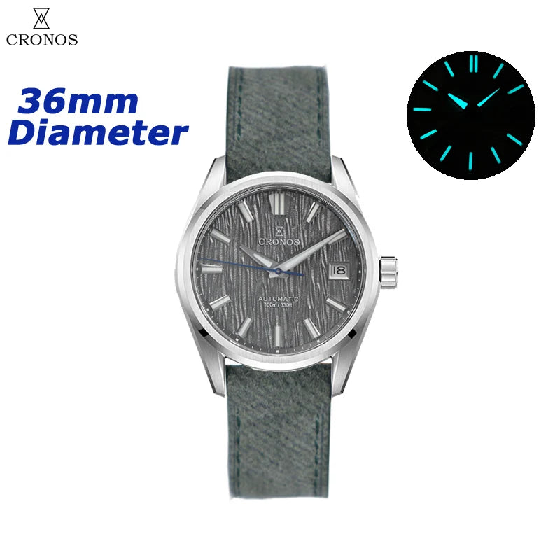 Cronos Men Watch 36mm Automatic PT5000 Miyota 9015 Movement Wristwatches White Dial Birch Pattern Sapphire 10 ATM L6048M