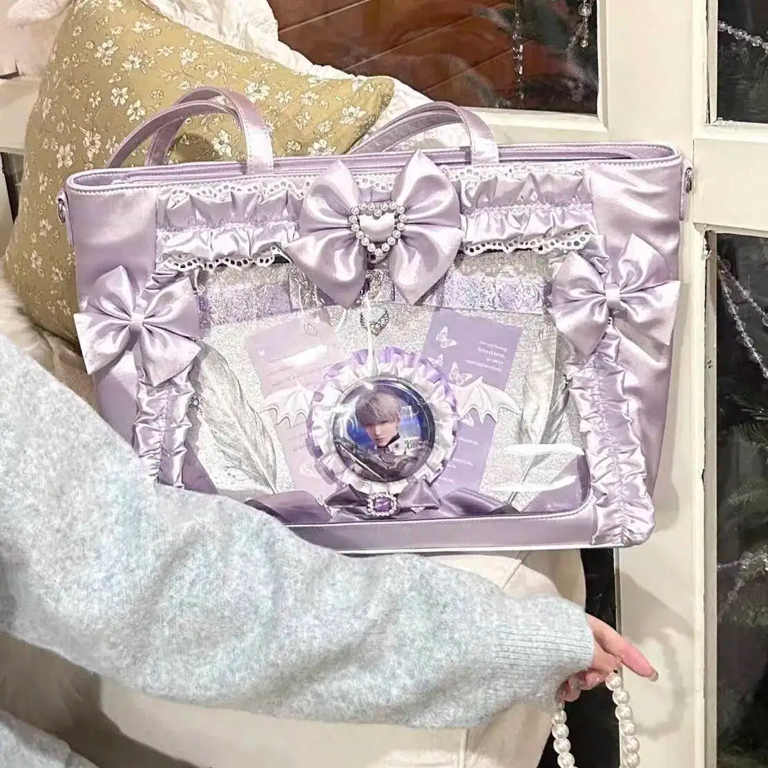 New Y2k Sweet Ita Shoulder Bag Lolita Girl Transparent Tote Bag Women Large Capacity Lace Crossbody Bag Cute DIY Display Handbag