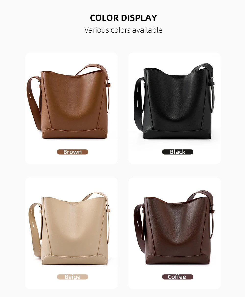 Zency New 2026 TrendyTwo Layer Cow Leather Shopper Shoulder Bag Commuter Large Bucket Handbag Simple High Quality Women Tote Bag