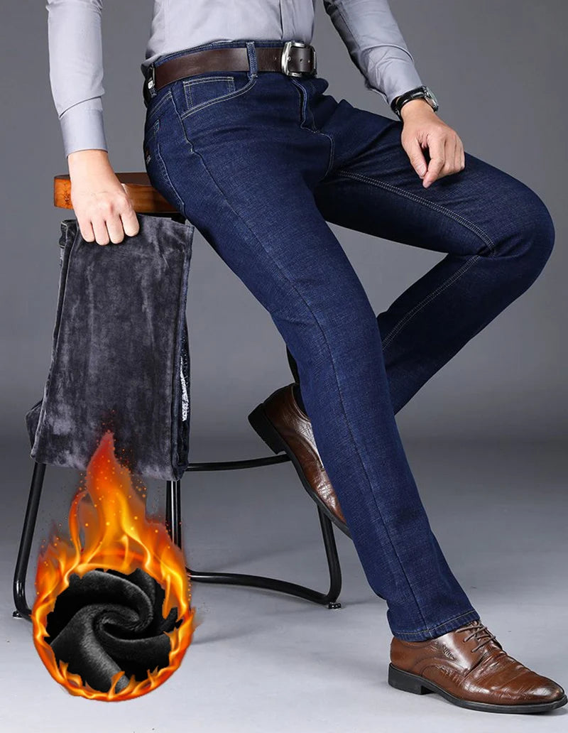 Men Autumn Winter Fleece Lined Thickened Jeans Male Business Straight Leg Loose High Waist Denim Pants Stretch Casual Trousers