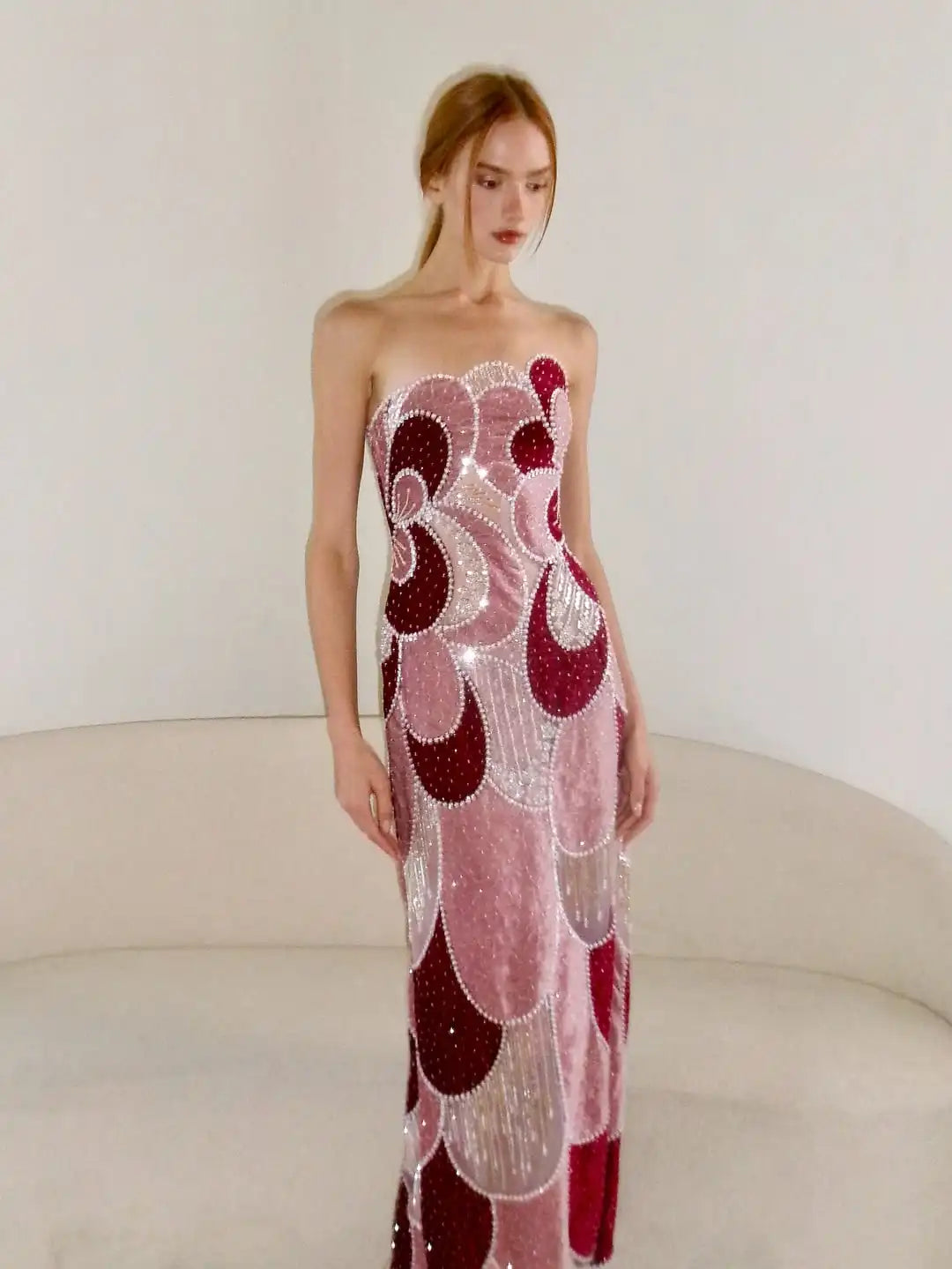 Ofherown 2026 Burgundy Pink Strapless Beaded Evening Dress Velvet Patchwork Formal Prom Gown for Party Red Carpet Customized