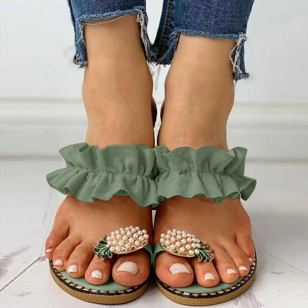 Women's Bohemian Flat Sandals — Pearl & Pineapple Detail Beach Slides