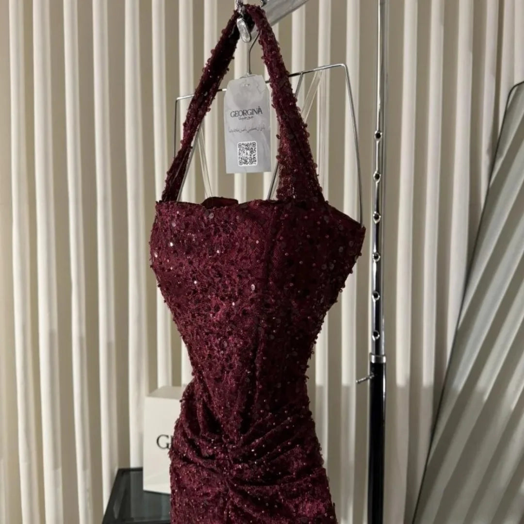 Wine Red Halter Prom Dress – Beaded Mermaid Gown