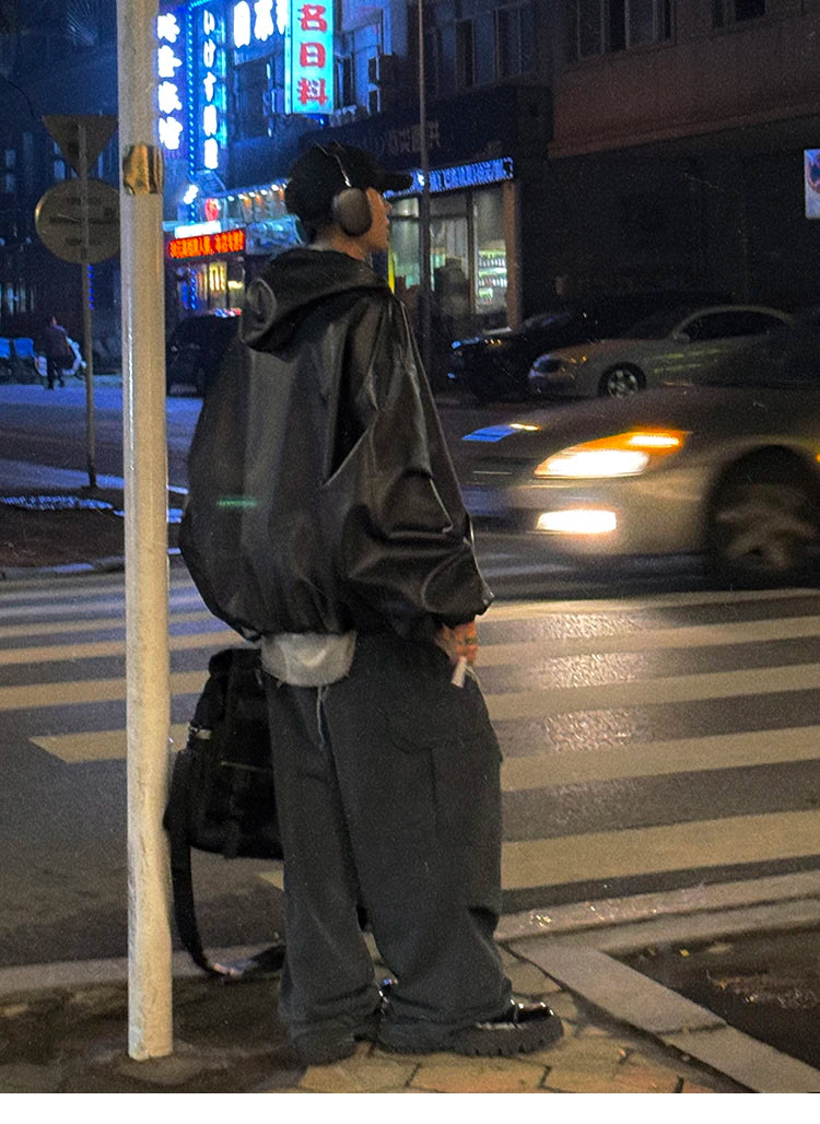 Men’s Oversized Hooded Faux Leather Jacket