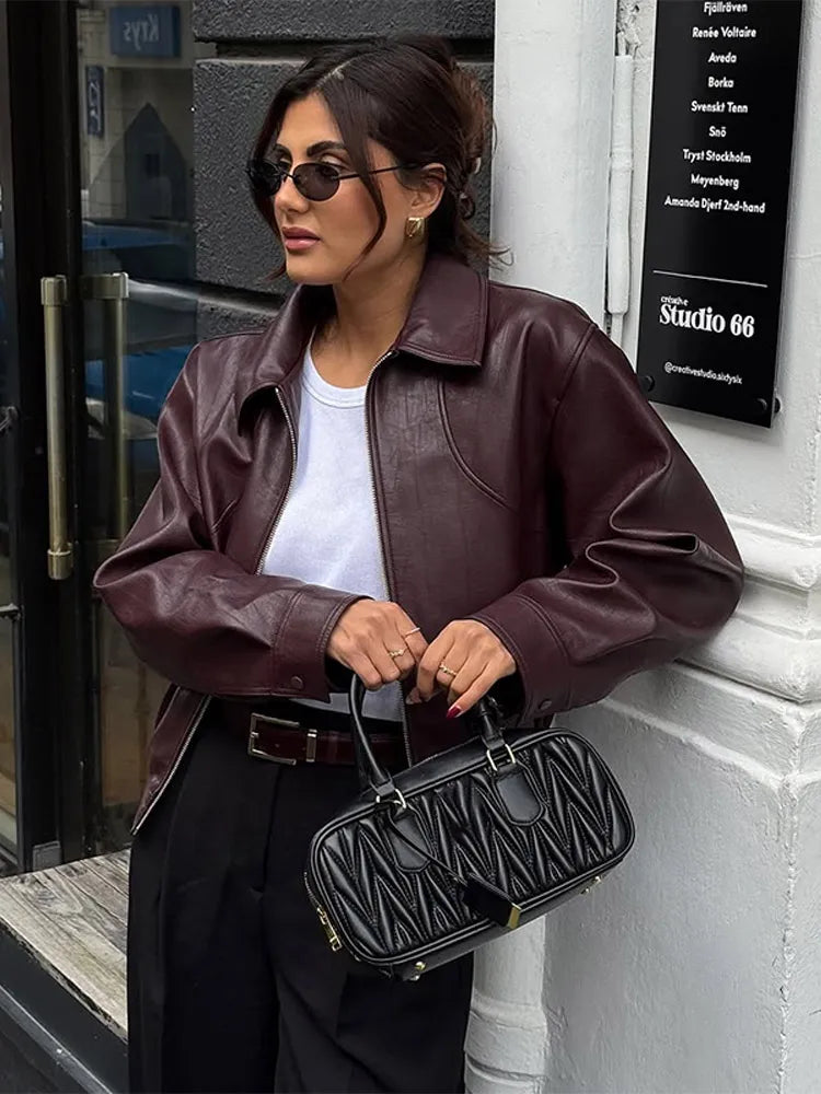 Women's Wine Red Pu Leather Short Jacket Fashion Autumn Lapel Collar Zipper High Street Loose Overcoats Ladies Button Outerwears
