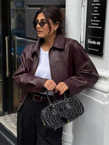 Women's Wine Red Pu Leather Short Jacket Fashion Autumn Lapel Collar Zipper High Street Loose Overcoats Ladies Button Outerwears