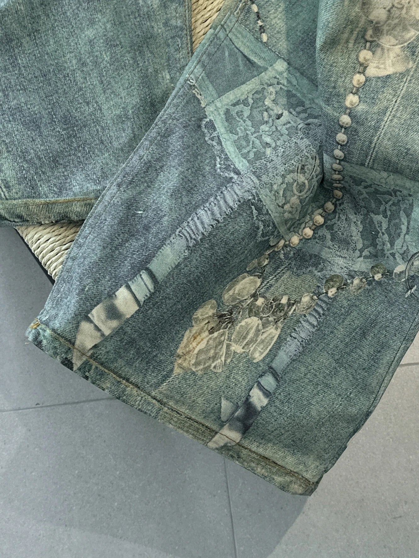 3D Pearl Chain Trompe L'Oeil Straight-Leg Jeans