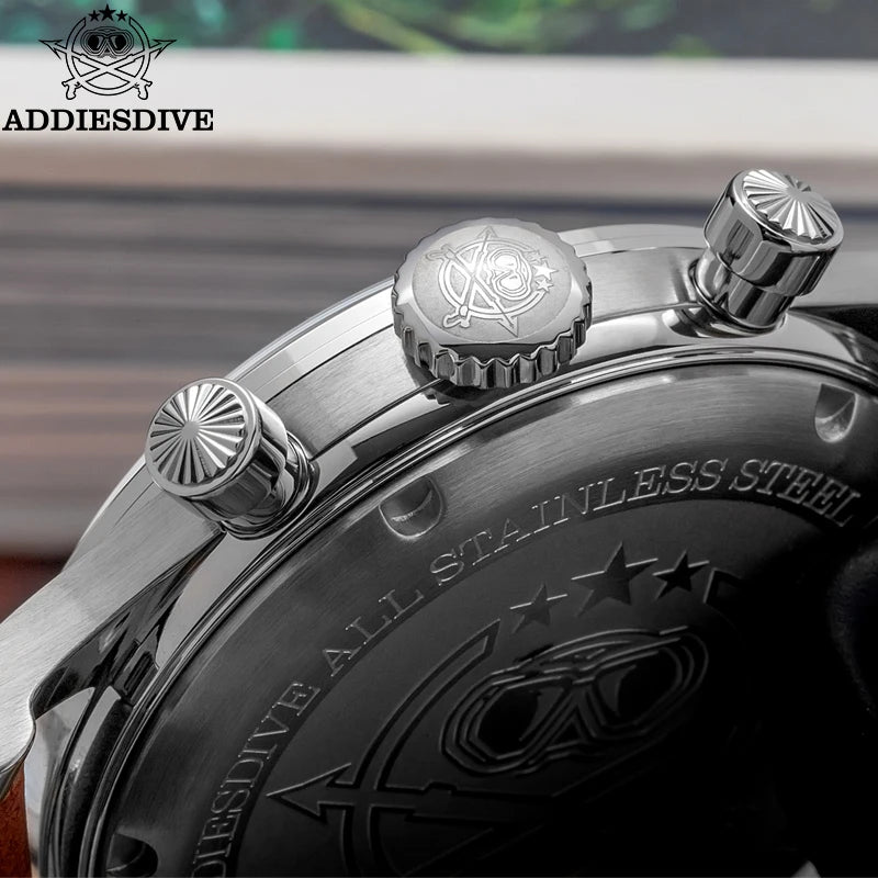 ADDIESDIVE 38MM AD2037 Men Multifunctional Chronograph Watches 10Bar Diving Leather Belt Timing Clocks Quartz Watch Relogios