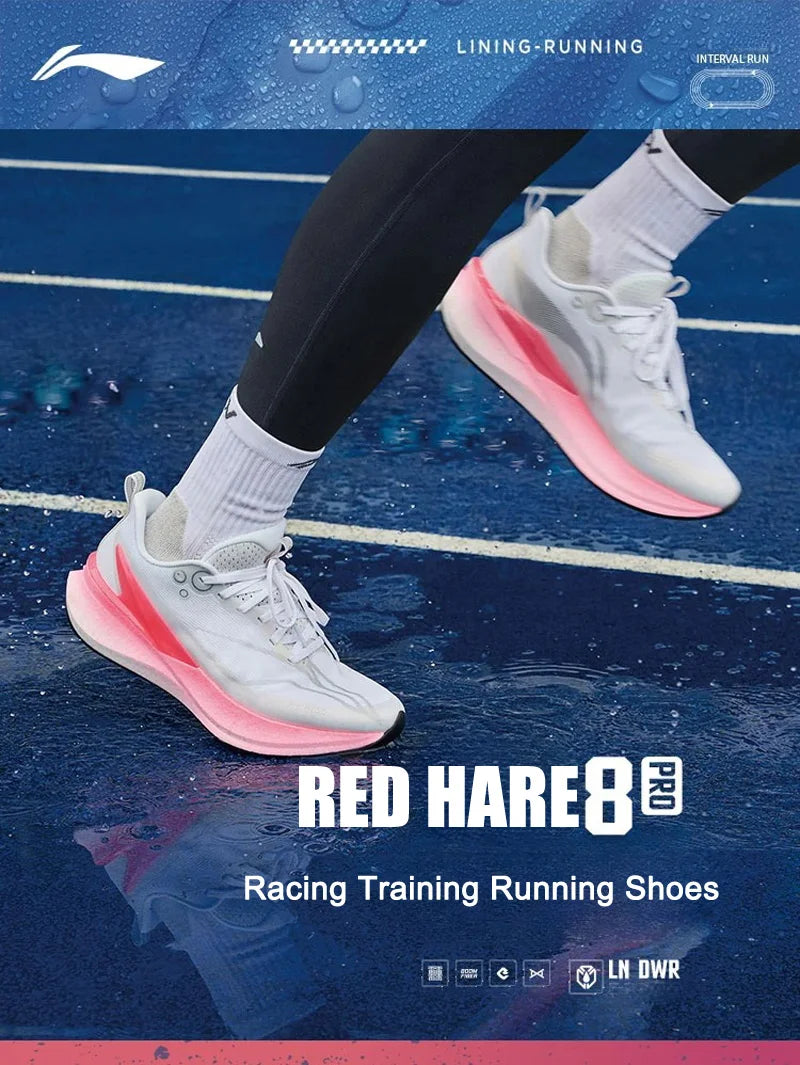 Li-Ning Women's RED HARE 8 PRO Racing Running Shoes BOOM Cushion LN DWR Water Repellent LiNing Training Sneaker ARPV016