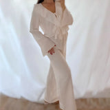 Linad Casual Loose Apricot Outfits Fashion Ruffles Flare Sleeve Blouse With High Waist Pant 2 Piece Sets Summer Long Pants Suits