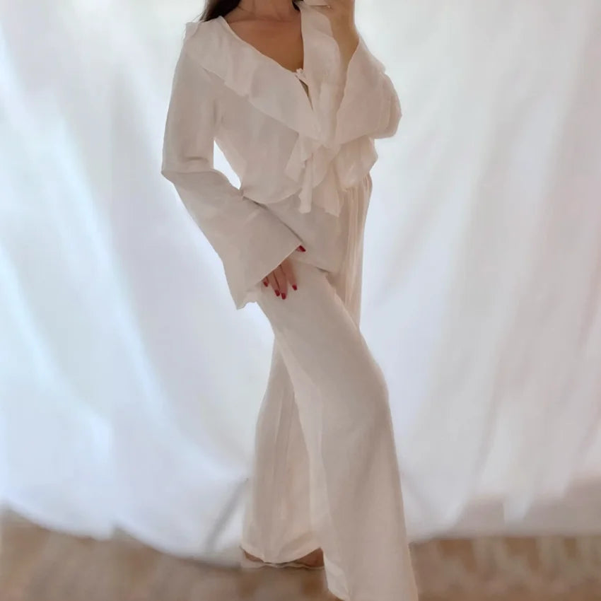 Linad Casual Loose Apricot Outfits Fashion Ruffles Flare Sleeve Blouse With High Waist Pant 2 Piece Sets Summer Long Pants Suits