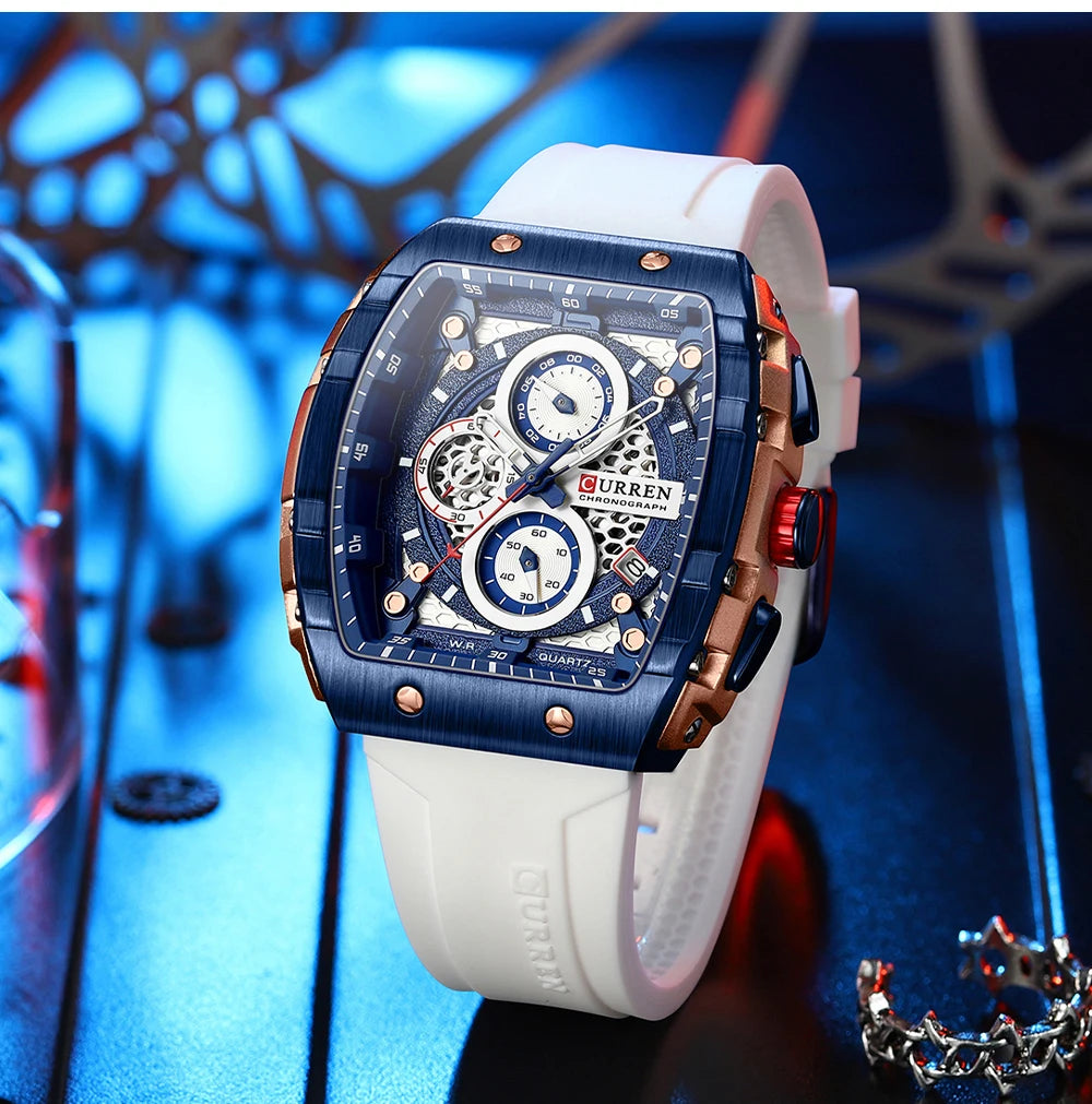 Men’s Sport Quartz Watch – Yellow Silicone Strap, Luminous Auto Date Square Dial